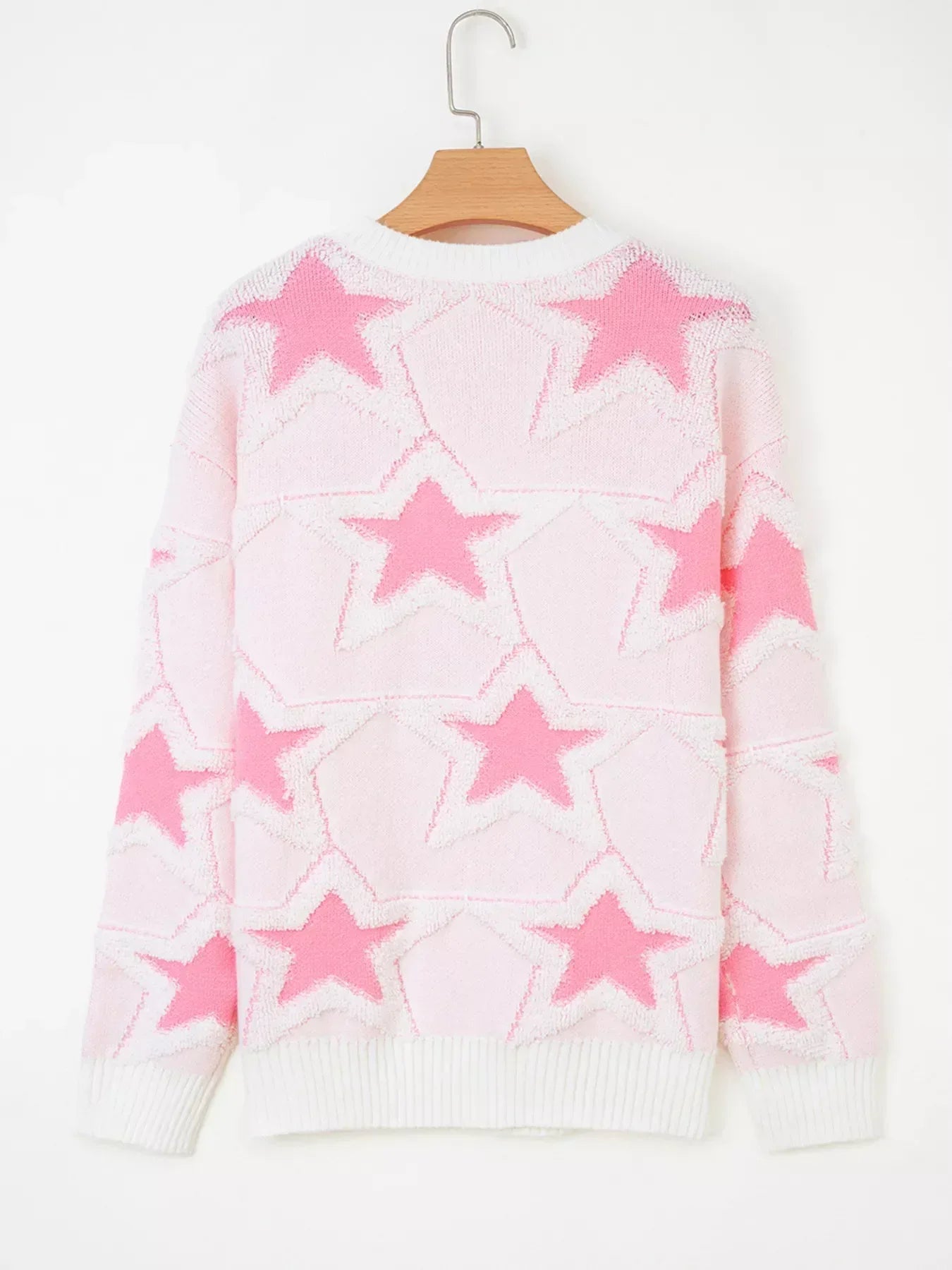 Oversized Star Pattern Ribbed Edge Drop Shoulder Sweater - DAVERRI FASHIONS