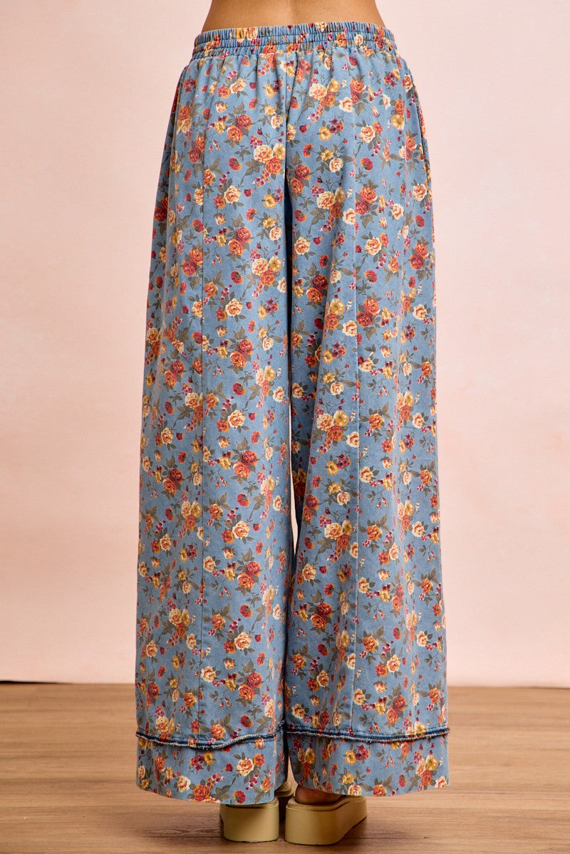 BiBi Floral Printed Drawstring Wide Pants in light blue with orange blossoms