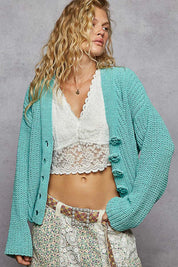 POL V-Neck Long Sleeve Cardigan with Exaggerated Buttons | Cardigans Daverri Fashions