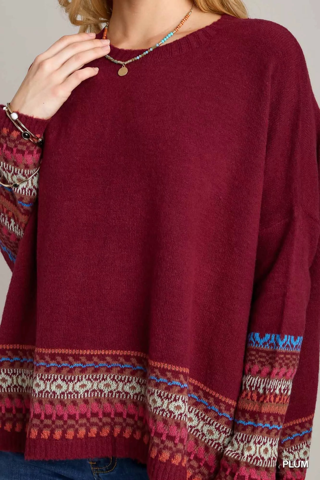 Umgee Long Sleeve Round Neck Knit Top with Side Slits and Stitch Detail | Knit Tops Daverri Fashions