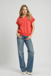 Umgee Luxe Knit Collared Short Sleeve Polo Sweatshirt | Sweatshirts Daverri Fashions