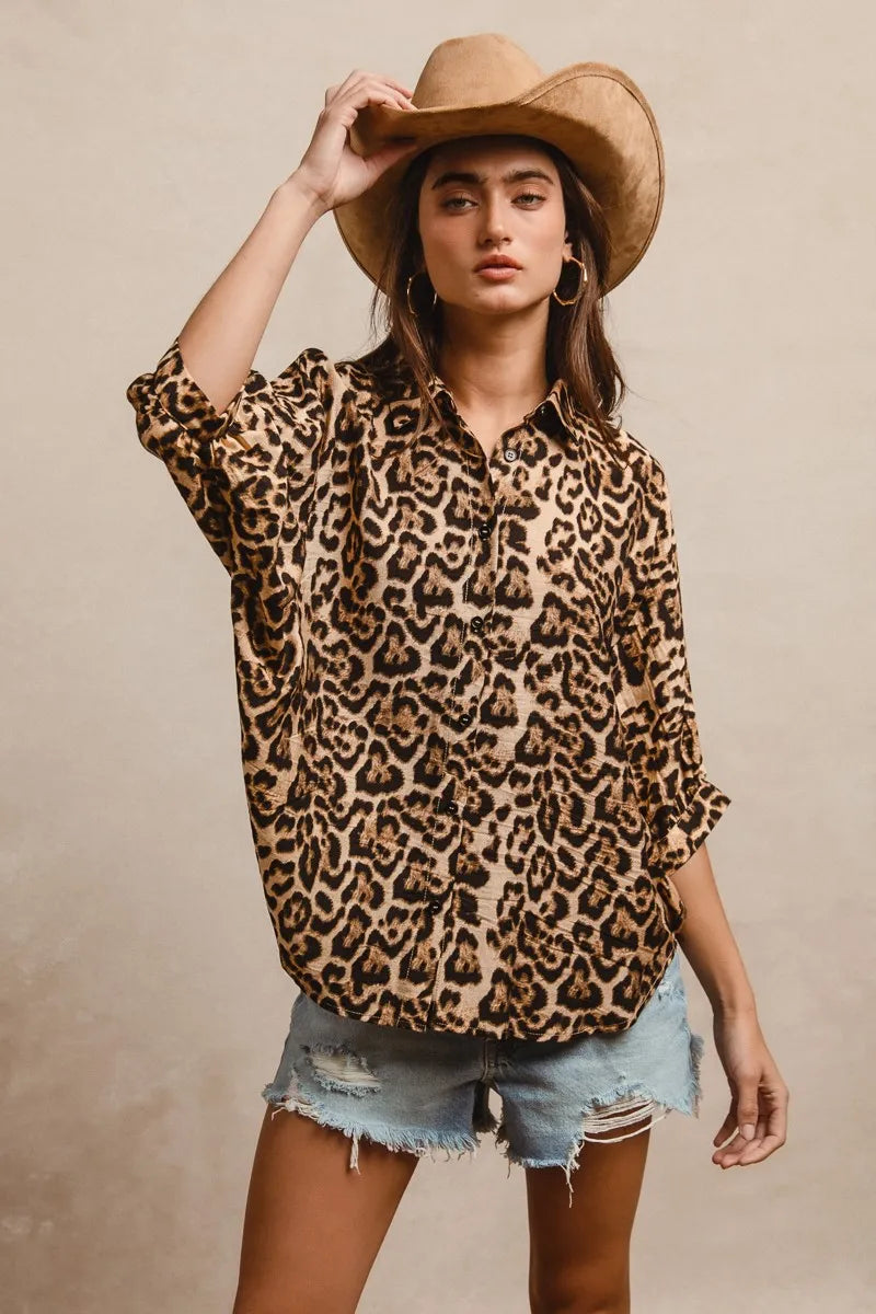 BiBi Leopard Prints Oversized Short Sleeves Top Tops