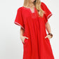 Umgee Linen Trim Tunic Dress in vibrant red with striped embroidery