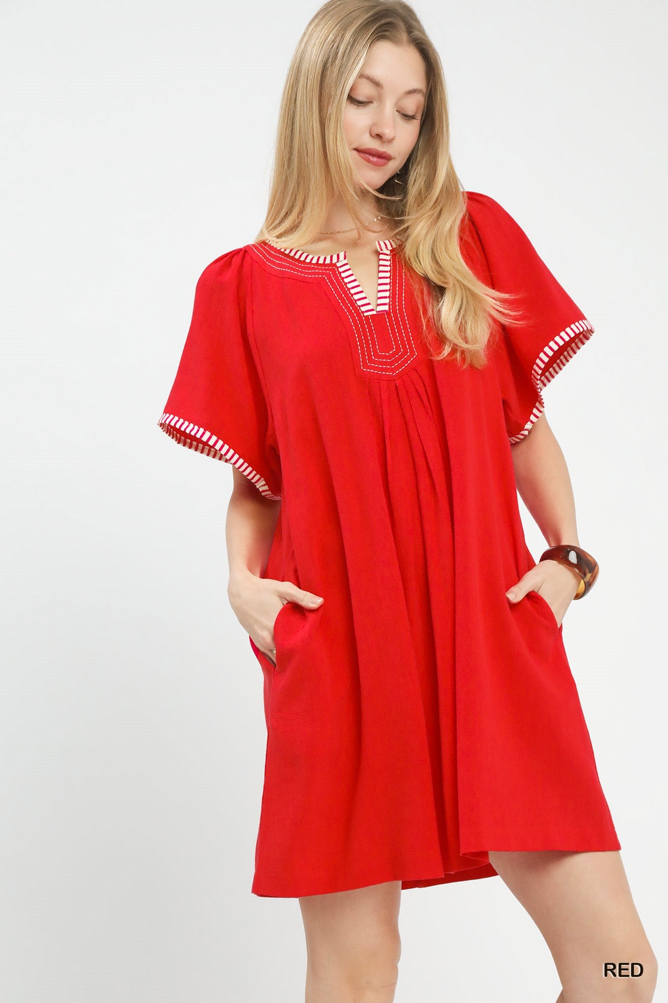 Umgee Linen Trim Tunic Dress in vibrant red with striped embroidery