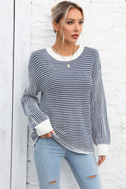 Angel Wings Striped Round Neck Long Sleeve Knit Top | Sweaters Daverri Fashions