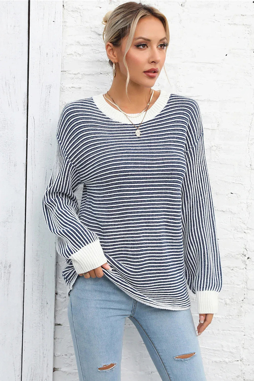 Angel Wings Striped Round Neck Long Sleeve Knit Top - DAVERRI FASHIONS