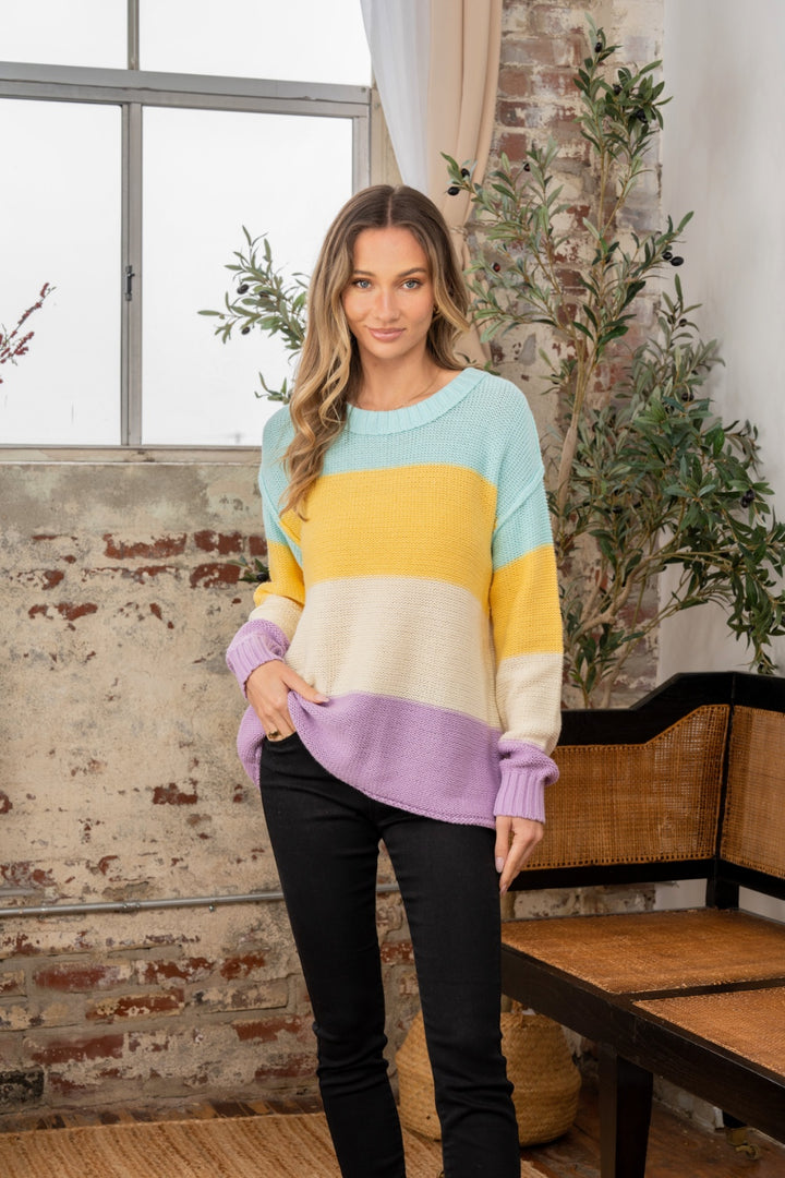 Full Size Color Block Exposed Seam Sweater Yellow Lilac Tops