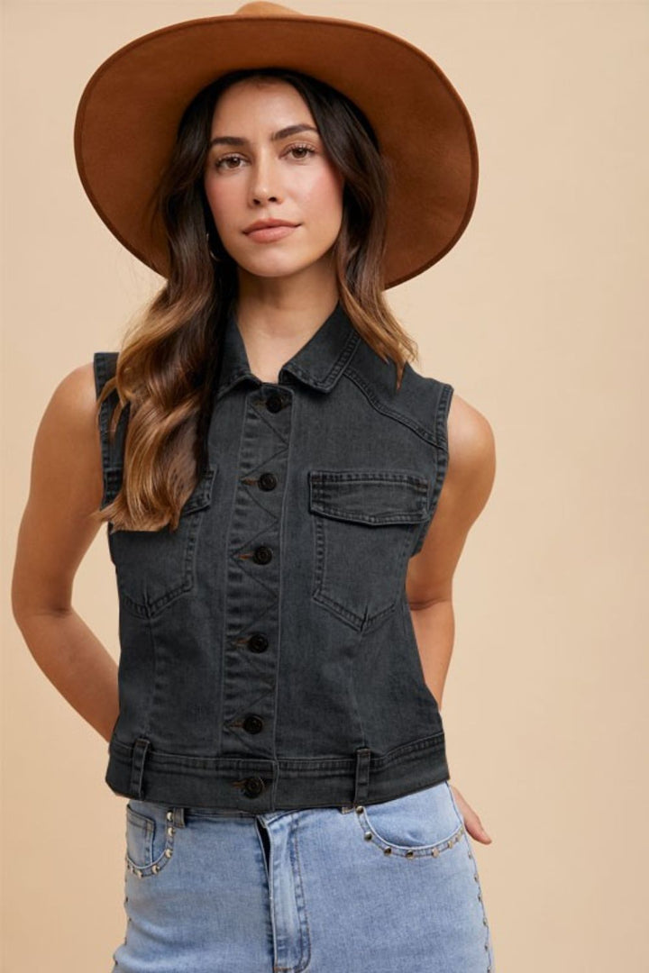 Annie Wear Collared Neck Button Down Denim Vest Black