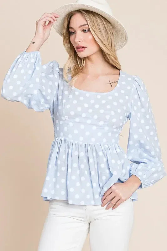 Lime 'N' Chili Polka Dot Print Balloon Sleeve Babydoll Peplum Top - DAVERRI FASHIONS