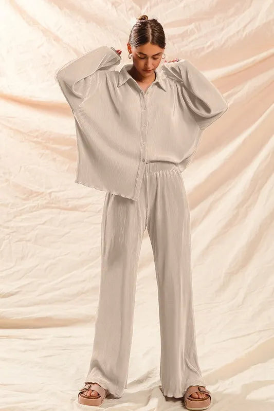 SO ME Pleated Shirt and Pants Set with Wavy Edge Details