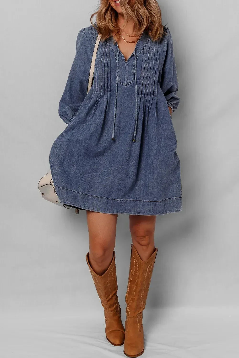 Tie Neck Long Sleeve Mini Denim Dress - DAVERRI FASHIONS