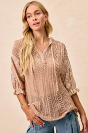TAUPE BiBi Jacquard Flower Puff Sleeve Hooded Knit Top | Tops Daverri Fashions
