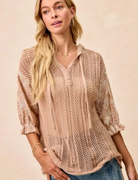 TAUPE BiBi Jacquard Flower Puff Sleeve Hooded Knit Top | Tops Daverri Fashions