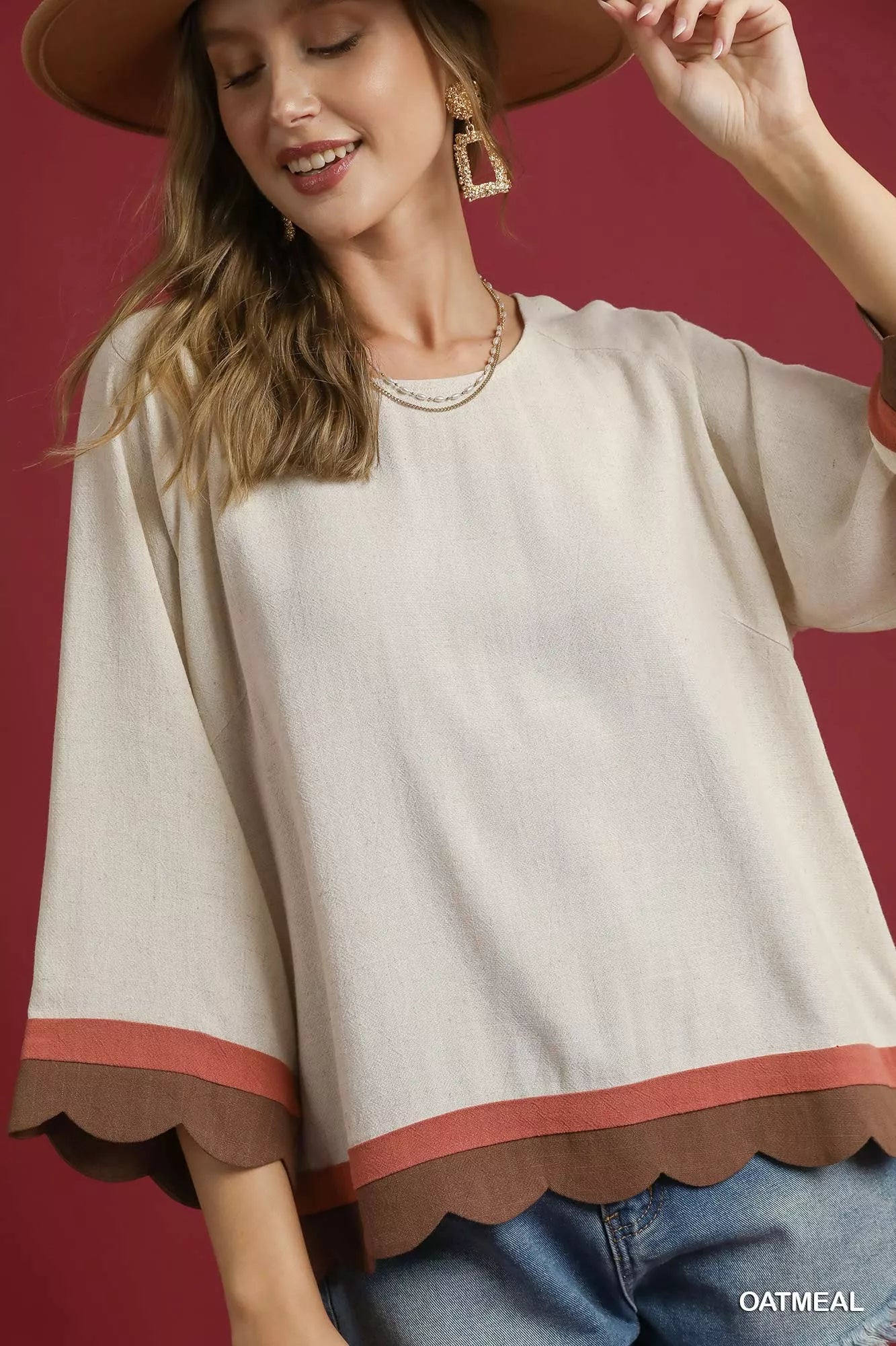 Umgee Scalloped Hem Color Block Top | Blouses Daverri Fashions