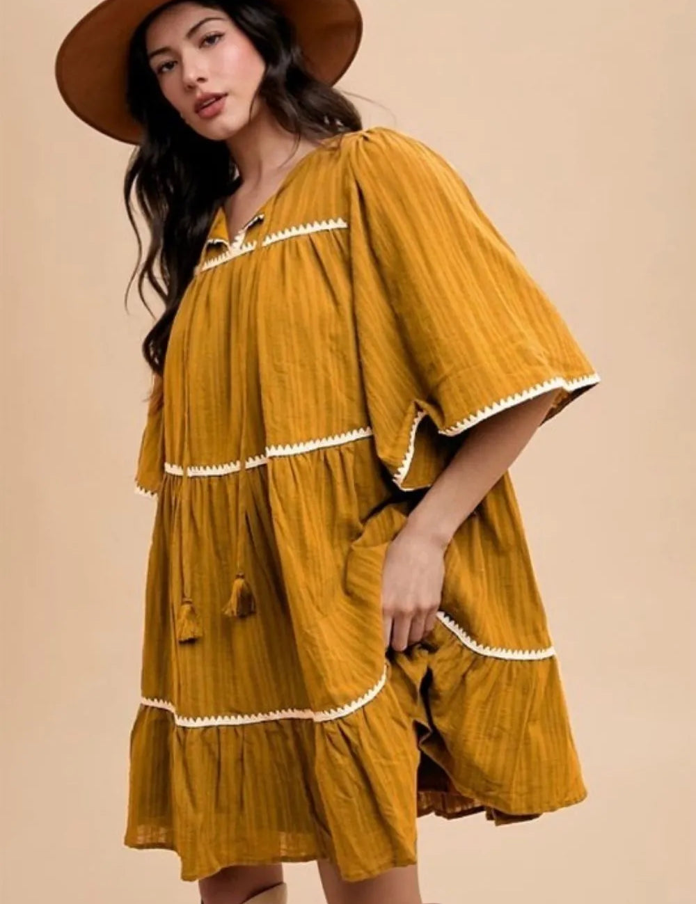 Mustard Annie Wear Tassel Contrast Trim Tie Neck Half Sleeve Tiered Dress | Mini Dresses Daverri Fashions