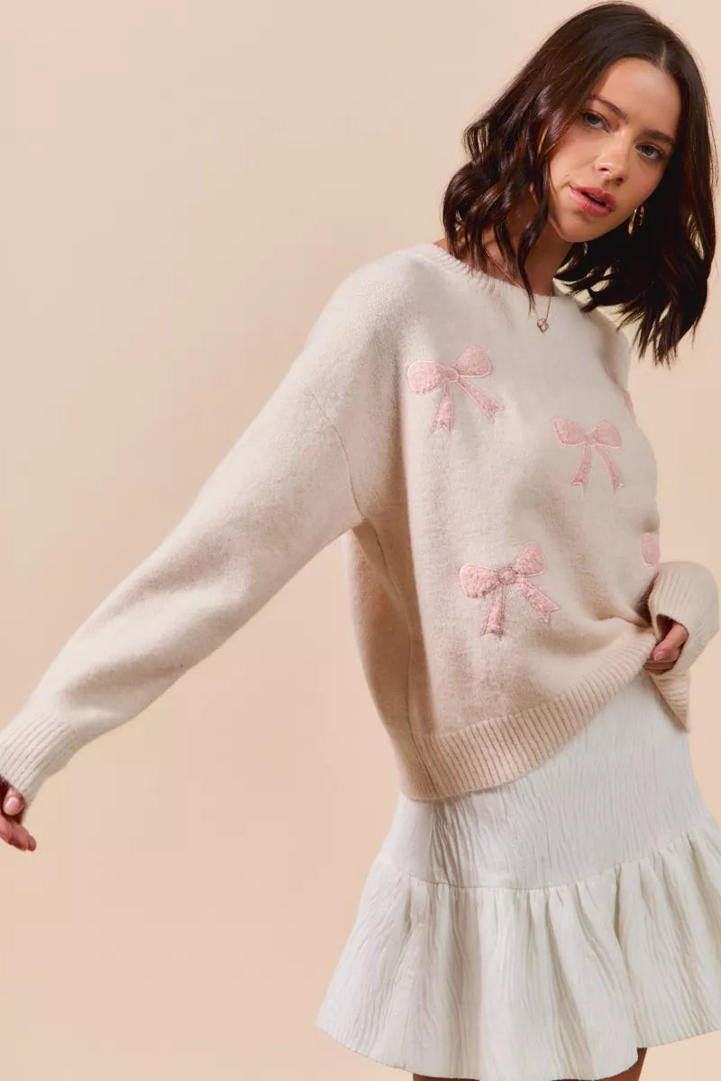SO ME cream knit sweater with pink embroidered bows