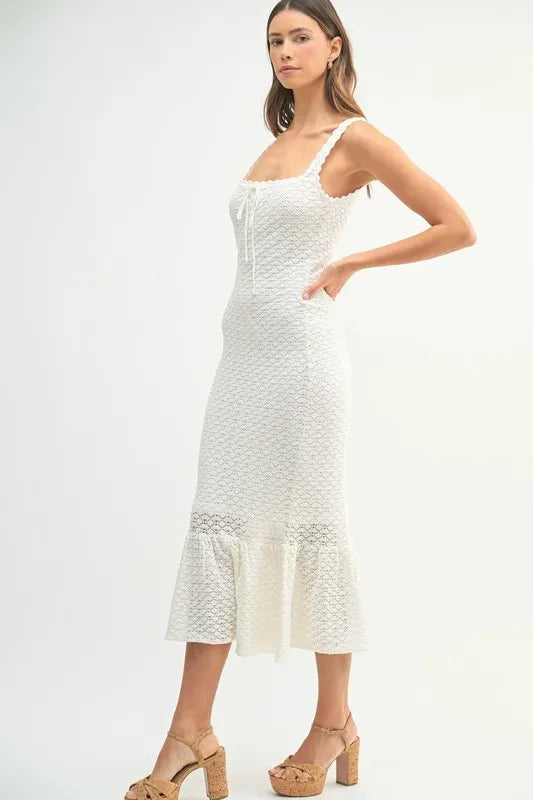 MABLE Ruffled Hem Sleeveless Crochet Knit Midi Dress