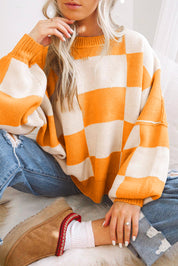 Grapefruit Orange 100%Acrylic Checkered Bishop Sleeve Sweater | Sweaters Daverri Fashions