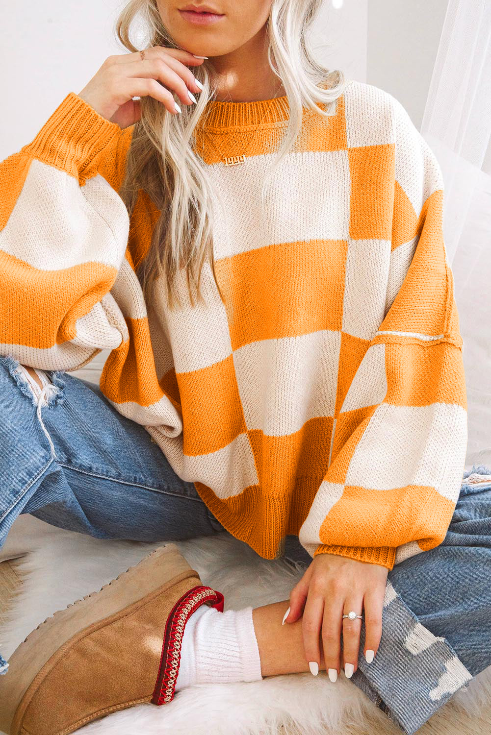 Grapefruit Orange 100%Acrylic Checkered Bishop Sleeve Sweater | Sweaters Daverri Fashions