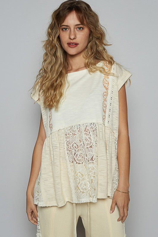 POL Embroidered Detail Boat Neck Cap Sleeve Lace Blouse Cream