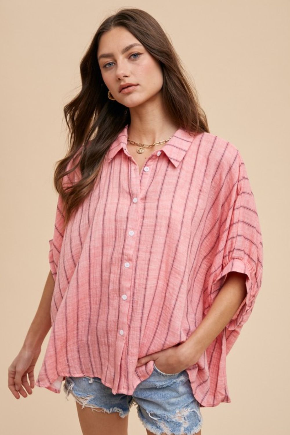 Annie Wear Striped Button Up Half Sleeve Shirt Coral Pink Tops