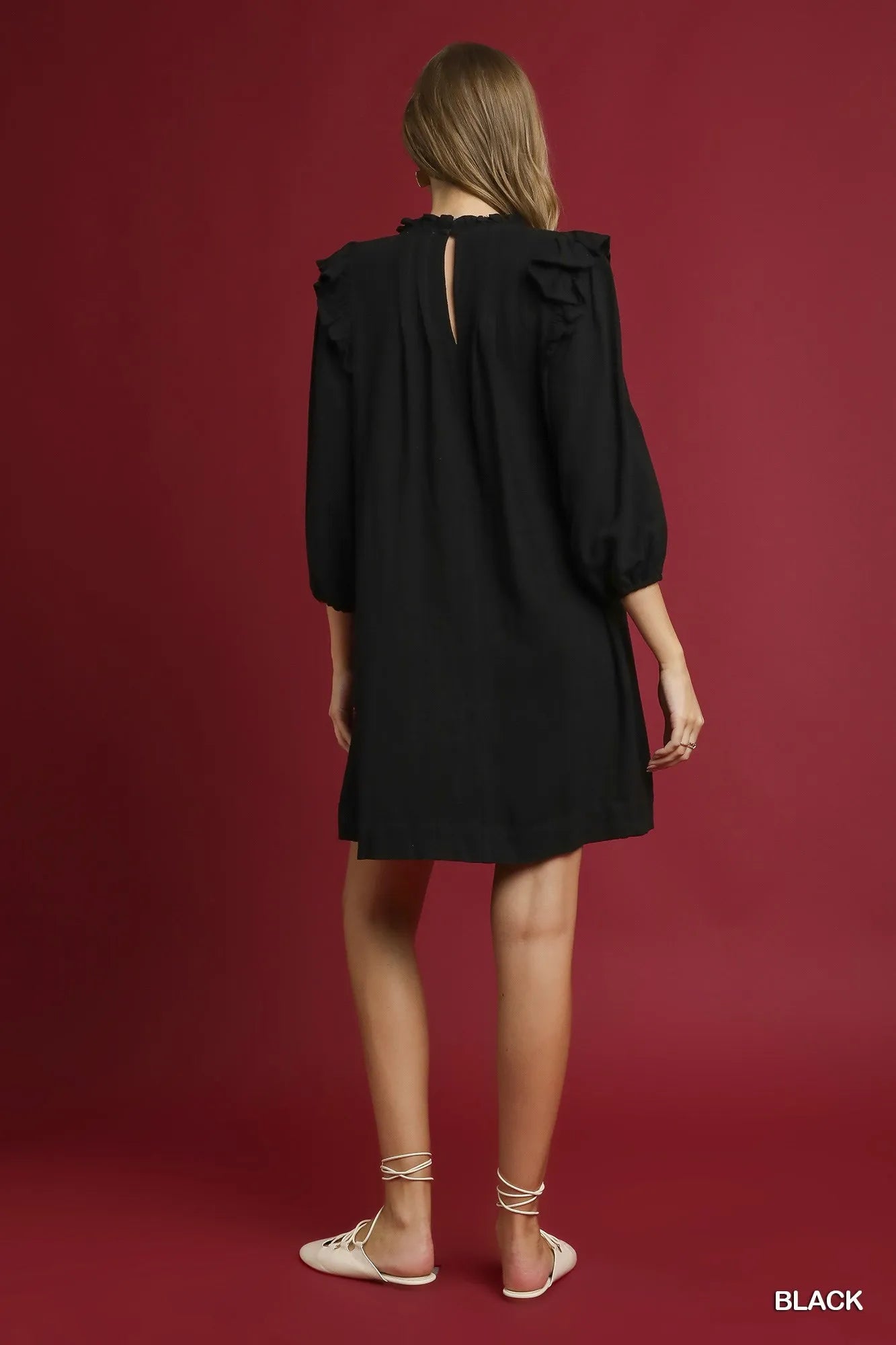 Umgee Linen Ruffle Shoulder Pleated Babydoll Dress | Daverri Fashions