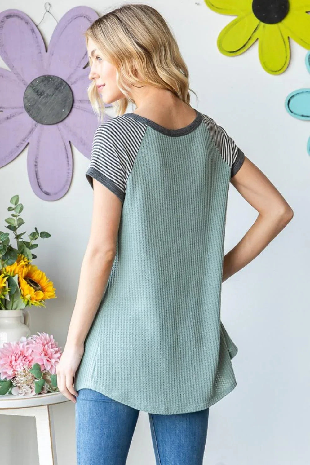 Heimish Full Size Striped Short Sleeve Waffle T-Shirt - DAVERRI FASHIONS