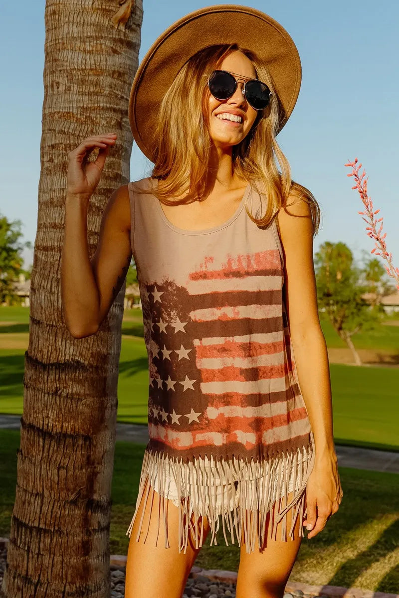BiBi American Flag Print Knit Sleeveless Top Tank Tops