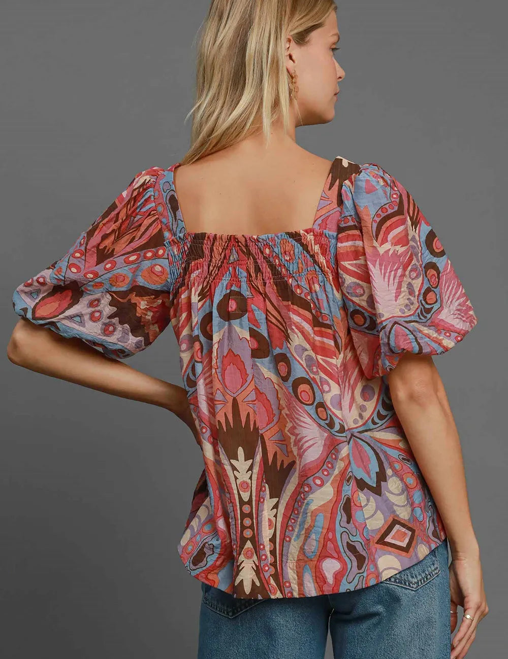Umgee Full Size Abstract Print Smocked Square Neck Puff Sleeve Blouse | Blouses Daverri Fashions
