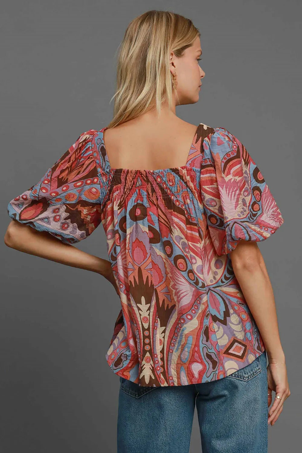 Umgee Full Size Abstract Print Smocked Square Neck Puff Sleeve Blouse | Blouses Daverri Fashions