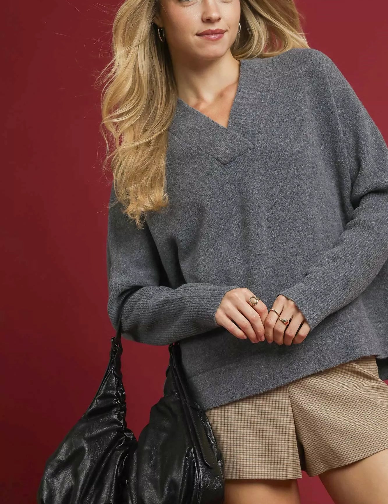 CHARCOAL Umgee V-Neck Sweater with Wide Trim Detail | Sweaters Daverri Fashions