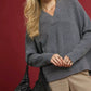 Umgee V-Neck Sweater with Wide Trim Detail - DAVERRI FASHIONS