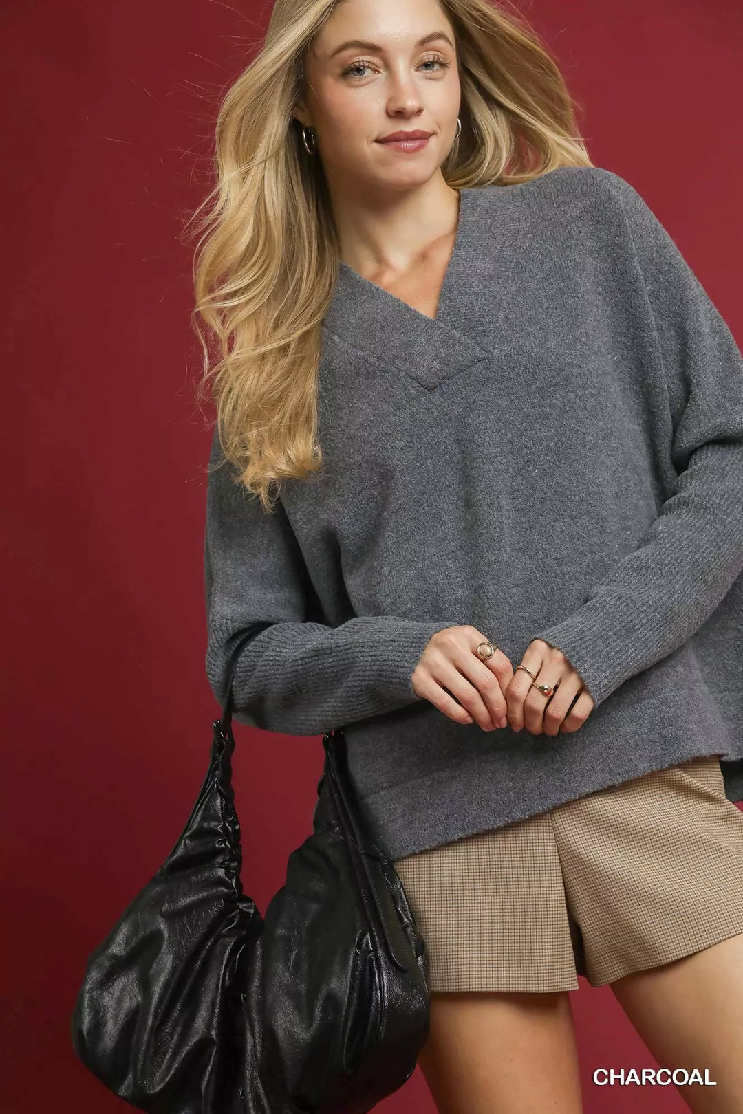 CHARCOAL Umgee V-Neck Sweater with Wide Trim Detail | Sweaters Daverri Fashions