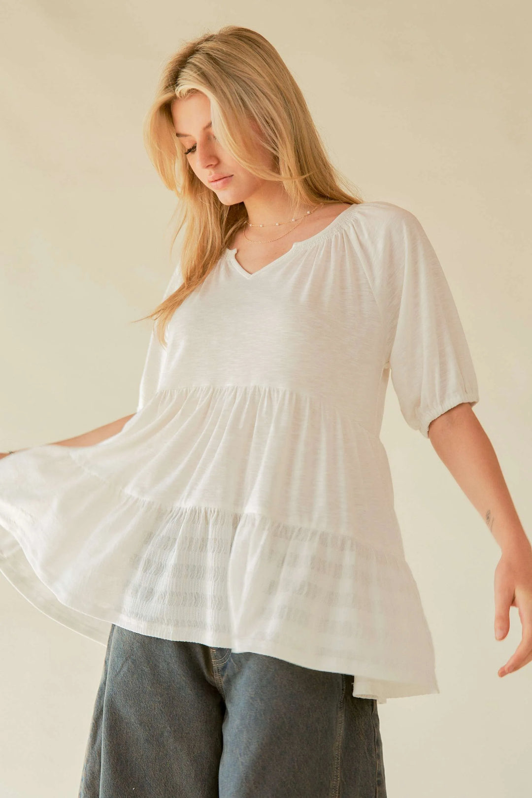 Davi & Dani Ruffled Flared Short Sleeve V Neck Blouse Blouses