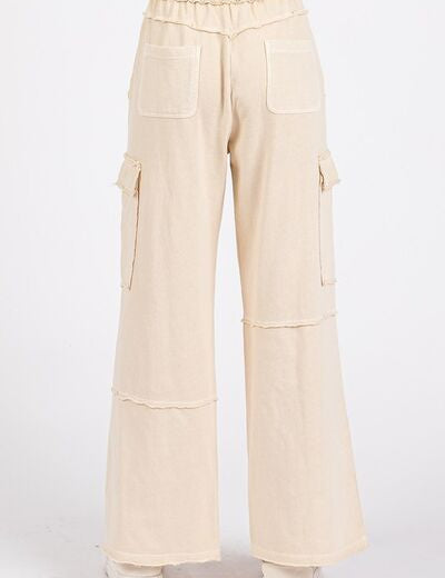 Mittoshop Mineral Wash Elastic Waist Cargo Wide Leg Pants