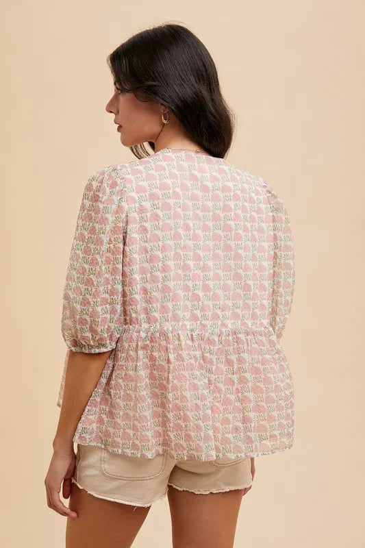 Annie Wear Printed Front Tie Closure Babydoll Blouse