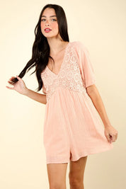 VERY J Lace Detail Puff Sleeve Romper with Pockets | Rompers Daverri Fashions