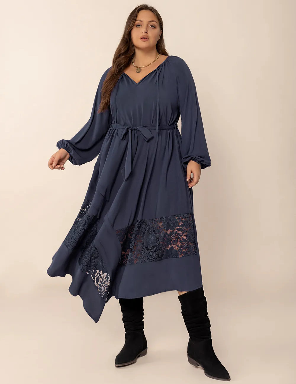 Dark Navy Plus Size Lace Detail Tie Neck Long Sleeve Midi Dress | Midi Dresses Daverri Fashions