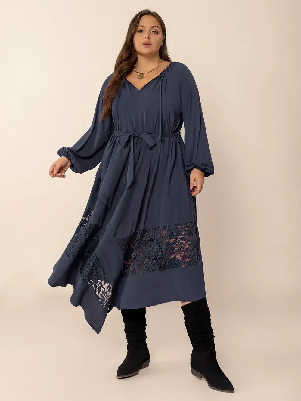 Plus Size Lace Detail Tie Neck Long Sleeve Midi Dress - DAVERRI FASHIONS