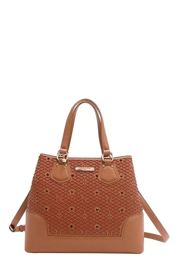 Monogram Pattern Handbag with Rhinestones Decor - DAVERRI FASHIONS