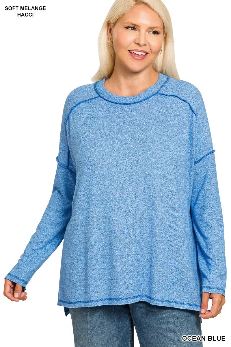 Zenana Full Size Melange Hacci Exposed Seam Hi-low Tee Plus Size - DAVERRI FASHIONS