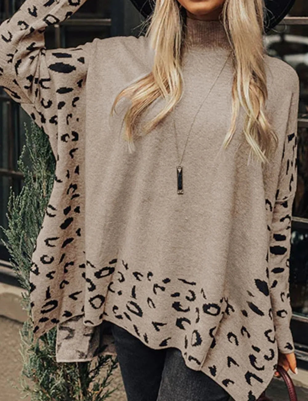 Slit Leopard Mock Neck Dropped Shoulder Sweater | Sweaters Daverri Fashions