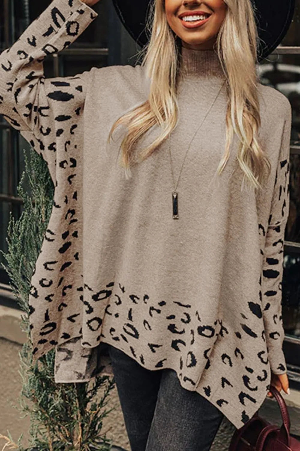 Slit Leopard Mock Neck Dropped Shoulder Sweater | Sweaters Daverri Fashions