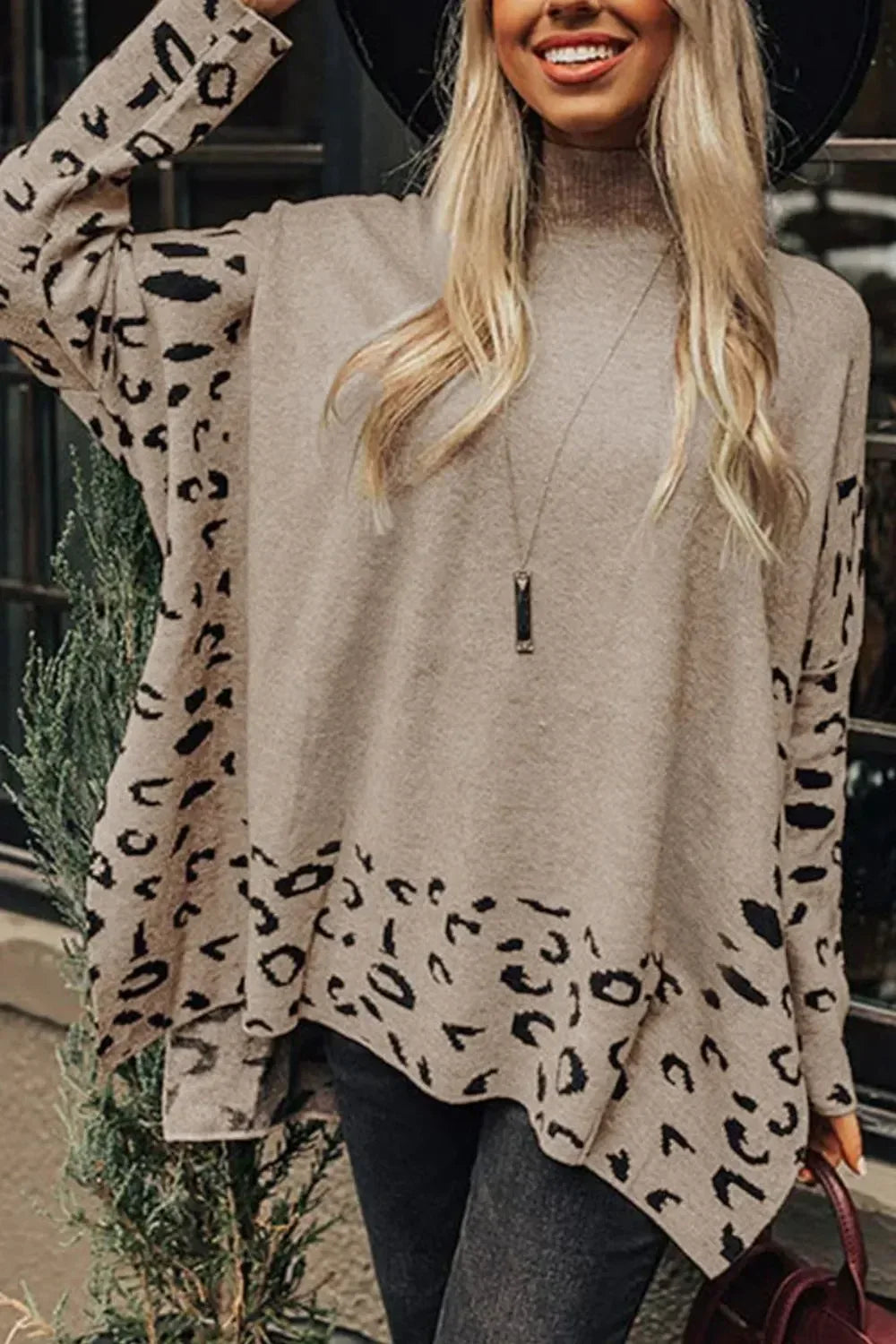 Slit Leopard Mock Neck Dropped Shoulder Sweater - DAVERRI FASHIONS