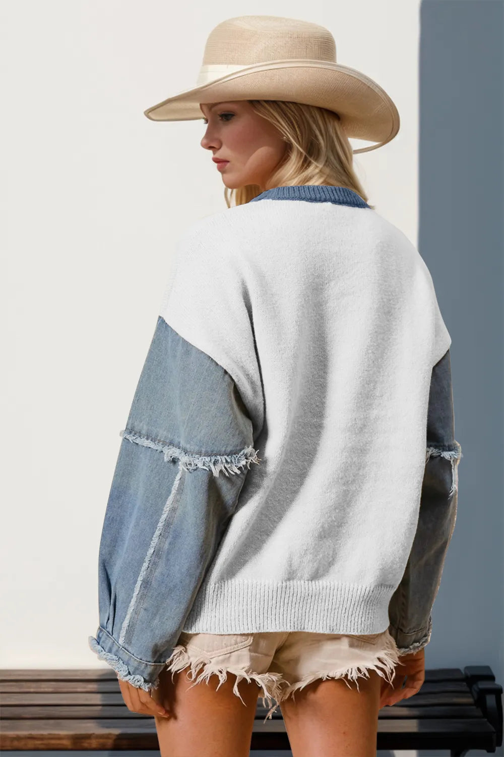 Double Take Full Size Star Pattern Raw Edge Long Sleeve Sweater Sweaters