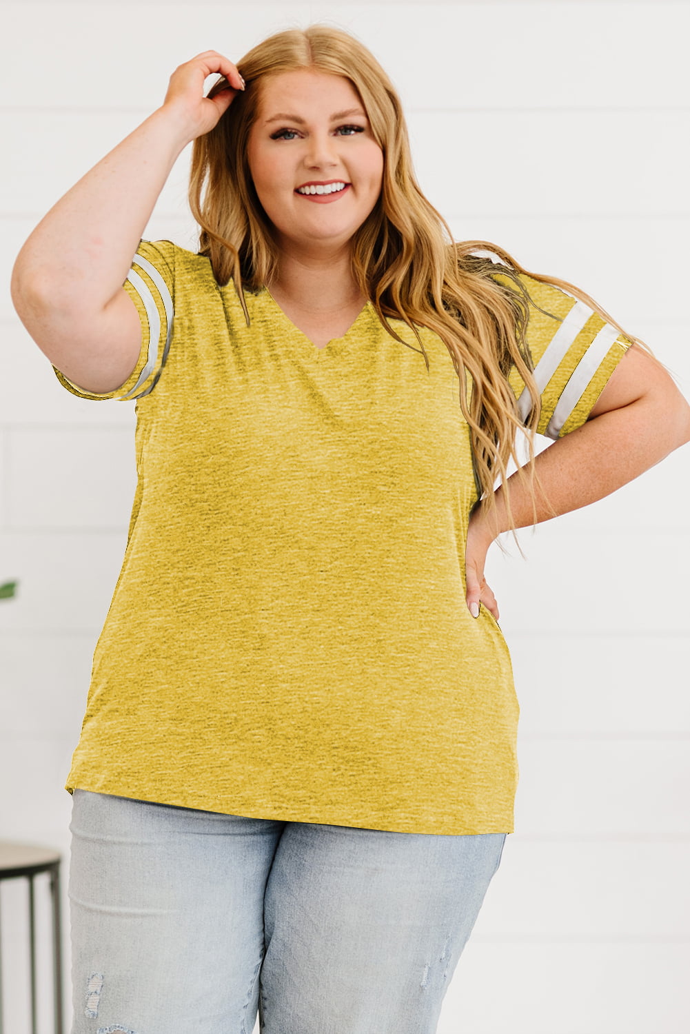 Plus Size Striped V-Neck Tee Shirt | T-Shirts Daverri Fashions