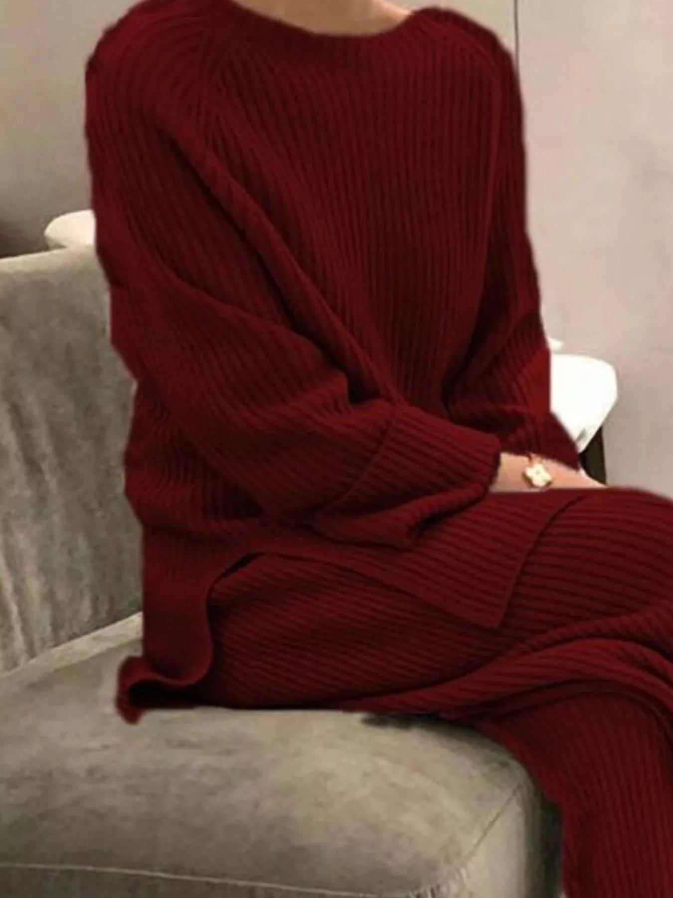 Cozy deep red ribbed knit relaxed fit top and pants set plus size