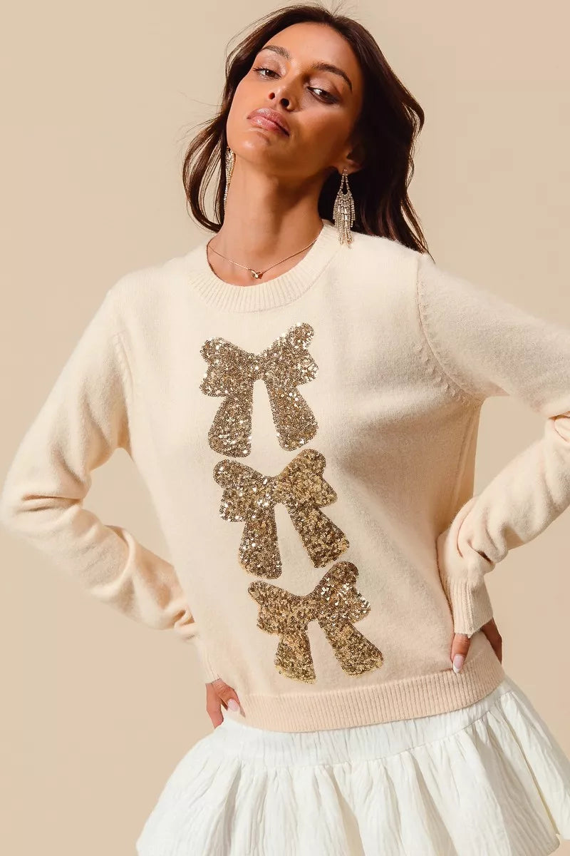 SO ME Sequins Bow Ribbon Embellished Christmas Sweater | Sweaters Daverri Fashions