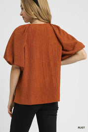Umgee Textured Flutter Sleeve Notch Neck Top Rust | Blouses Daverri Fashions