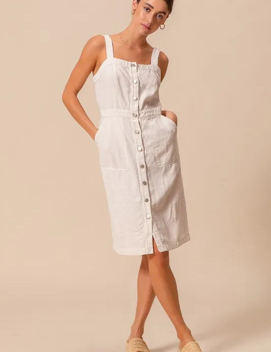 OFF WHITE SO ME Button Down Pocket Front Pinafore Dress | Daverri Fashions